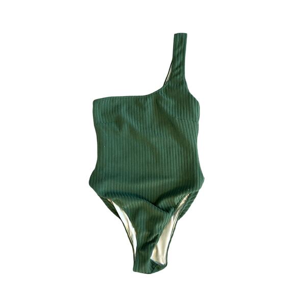 Free People Zulu & Zephyr Green Towelling One Piece One Shoulder Swimsuit - Picture 2 of 4